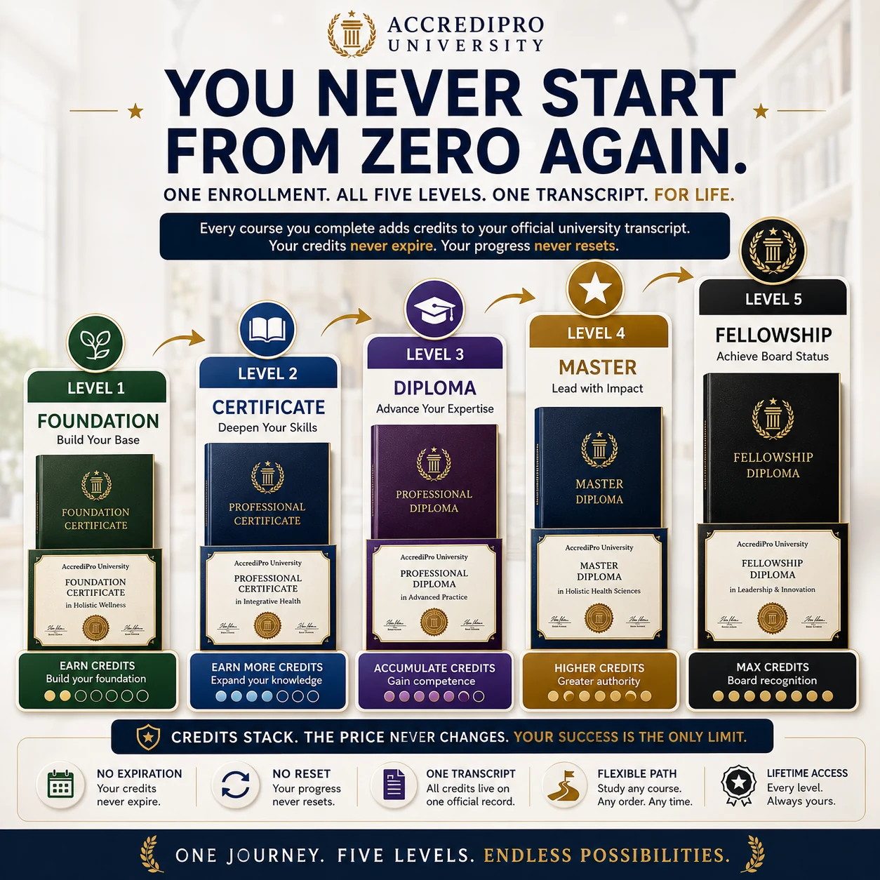 AccrediPro University 6 Credential Levels Ladder — Foundation to Fellowship